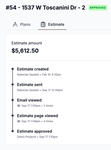 Completed estimate activity timeline showing email views, page views, and client approval